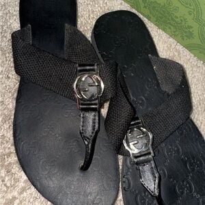 Gucci Black Logo Thong Sandals with Silver GG Medallions